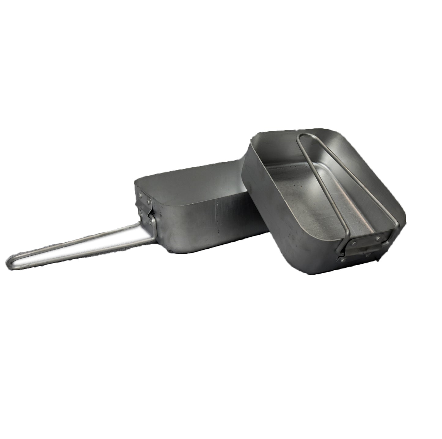 Upgrade your field gear and try this stainless steel mess kit, easy to clean and keeps well over time 2 -pc Rectangular mess set army style with wire handles. Stacks inside each other for a compact and lightweight profile. Material: Stainless Steel