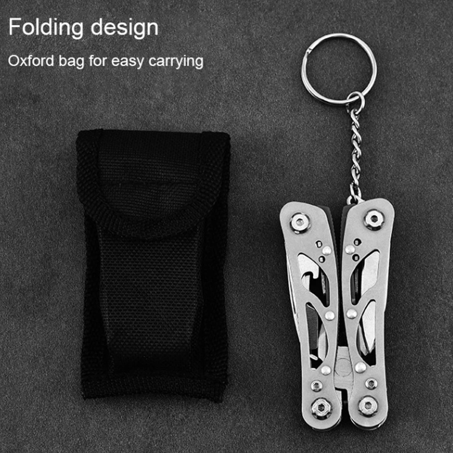 12 tools: pliers, wire cutters, large knife, small knife, cross & straight screwdriver, bottle opener, serration, vice, sharp scraper, nail file and Key ring. Compact folding design Pouch has belt loop www.moralepatches.com.au