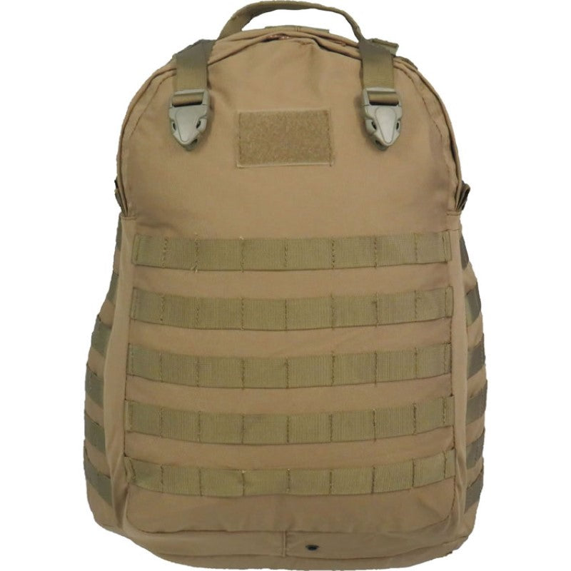 Adjustable internal frame air mesh harness Suitable for hot climates Heavy duty 900D 2 coats PU fabric Heavy duty grab handle Bonus 2L wide mouth EVA bladder with neoprene hose cover Drainage hole in the front pocket and main compartment Versatile pack with full MOLLE webbing on front, sides and bottom Compatible with multipule pouches www.moralepatches.com.au
