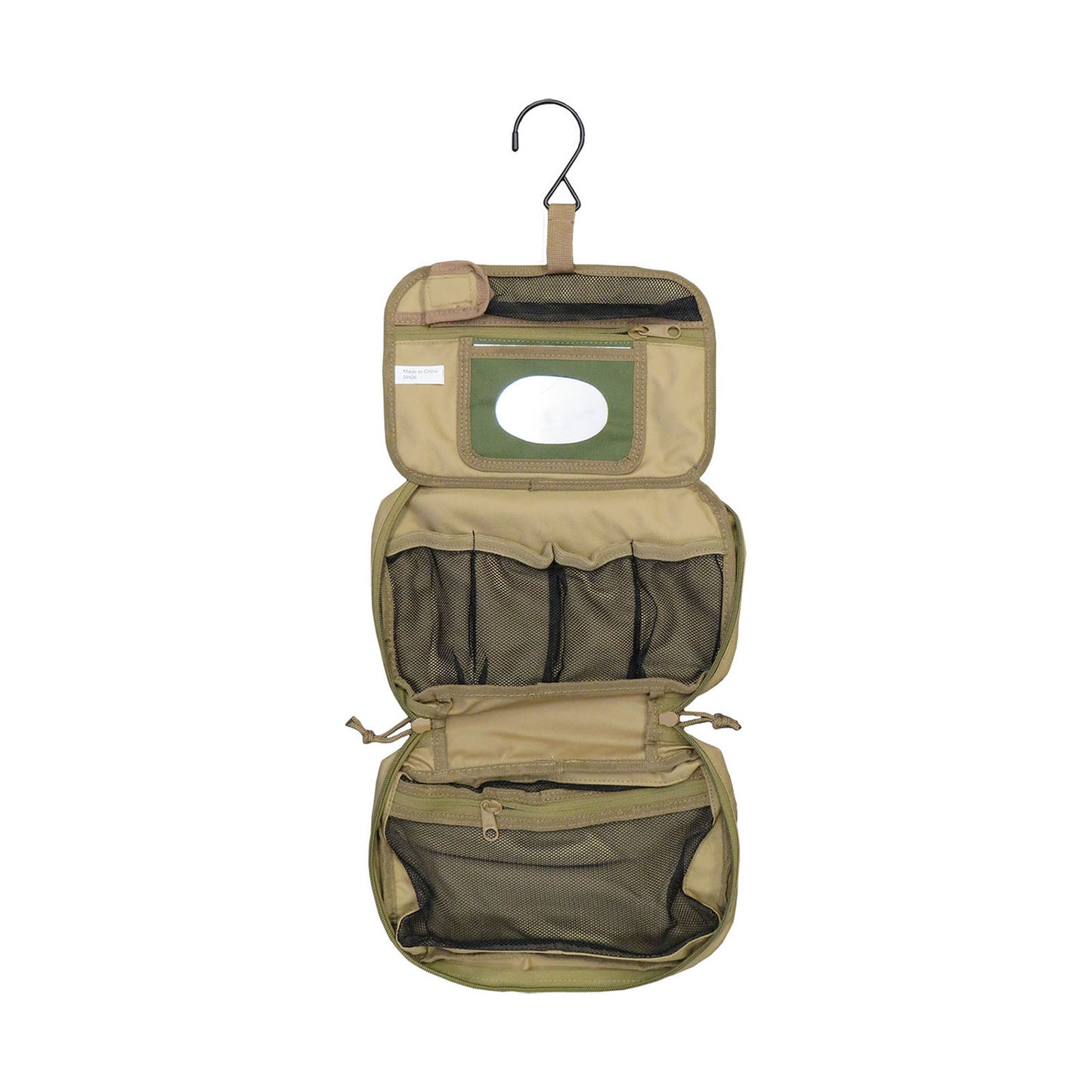 Great for military, cadets, camping and hiking to keep all your personal hygiene requirements together in one pouch It folds up into a small pouch for travel and storage and can be hung vertically on a tree branch or hootchie cord when in the field so this way you can use the mirror when shaving or putting camo paint on.