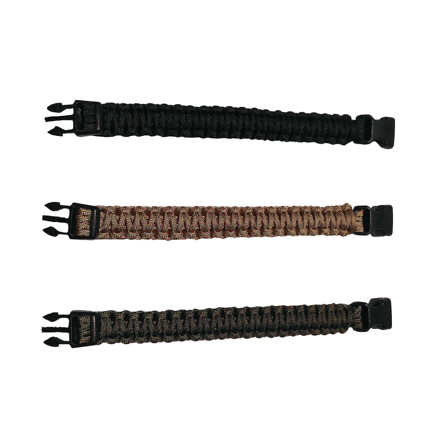 The paracord bracelets come in two sizes, 8" and 9" 3 different colours - Black, Olive and Coyote Heavy duty 20mm buckle system The paracord break strength is 490lb(222.72kg) 8 inch "20.32cm" - 3 meter length 9 inch "22.86cm" - 3.3 meter length