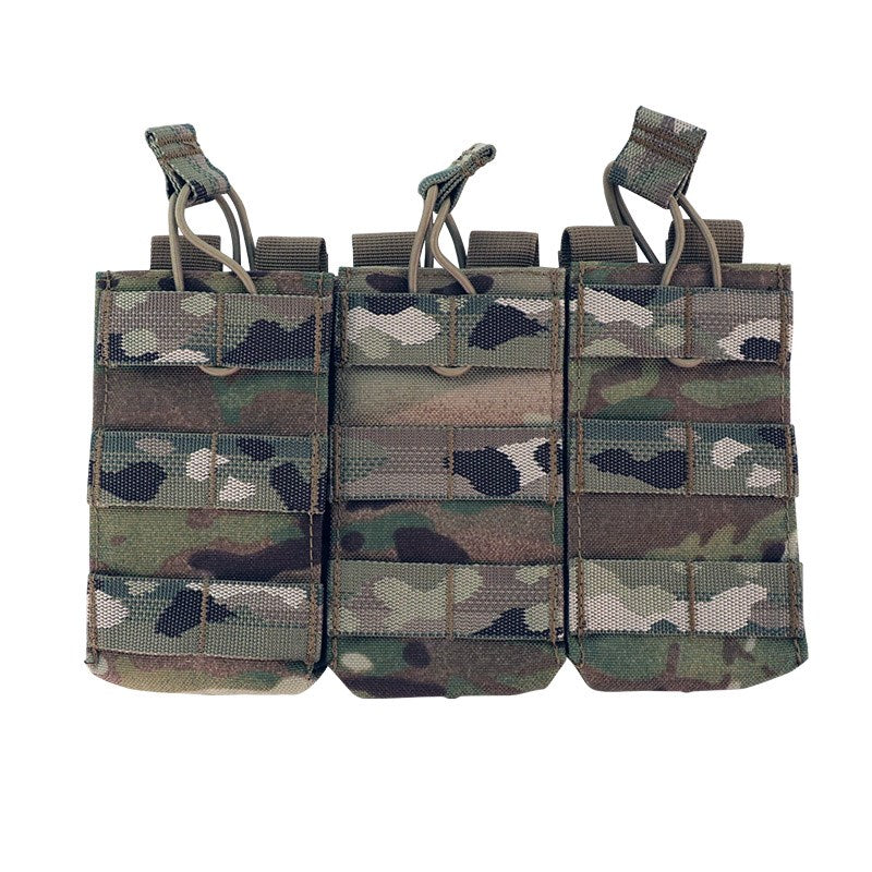 The Valhalla Triple Mag Pouch is an easy and effective way to carry your magazines. It does this by utilizing an open-top design with elastic bungee cords with easy pull tabs to hold the mags in place. The Valhalla Triple Mag Pouch has been made to function with a variety of different types of magazines within mind. Valhalla Triple Mag Pouch is MOLLE compatible and includes snap fastening on straps to help secure the pouch to a MOLLE webbing system.