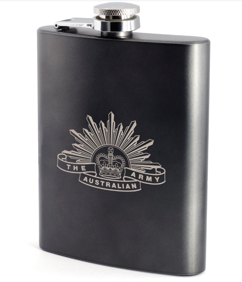 Army History Unit crest engraved on a stylish hip flask This classic hip flask is the perfect gift for any occasion. Stylishly presented in a lined silver box with a display window cut out on the front