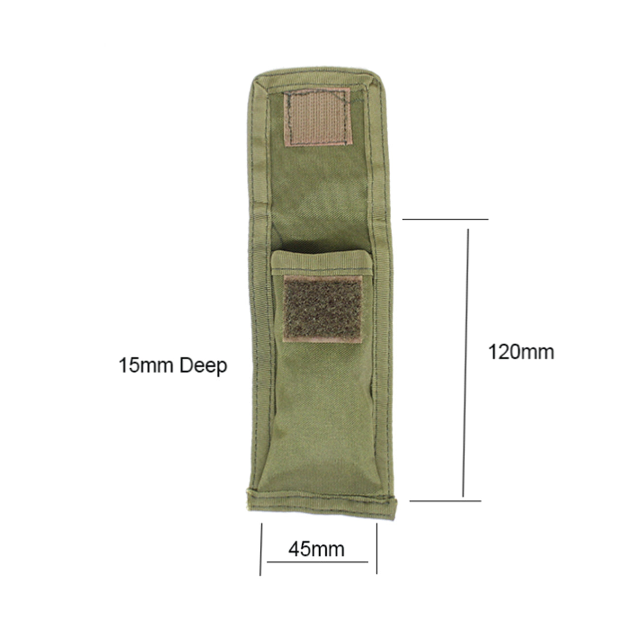 Medium knife pouch made of heavy duty fabric with a velcro close and a fabric attachment on the back Medium size Heavy duty fabric Velcro close Fabric attachment 12x4.5x1.5cm www.moralepatches.com.au