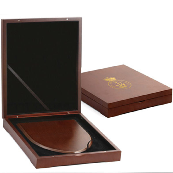 The Beautiful Navy Plaque Presentation Box, order now and make you next presentation or gift extra special. This timber finish plaque box has a form cut black flock velvet inner base and padded flock velvet inner lid. Designed to create a quality presentation option for our range of shield plaques. Printed with the Navy crest on the front. Box Size: 250mm x 210mm x 40mm