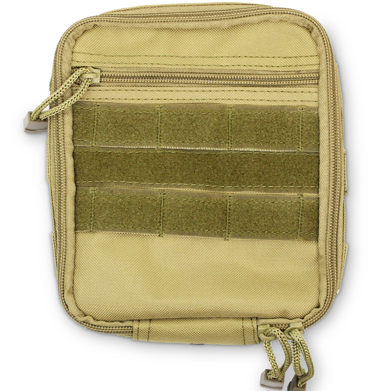 This pouch is perfect for securely organizing and storing smaller items when you're out in the field, ensuring they can be easily accessed and not get lost! 18 x 14 x 5cm 180g. Front flap with internal and external full length zipper pocket. Two double elastic straps in main compartment Internal open pocket on rear panel 4 internal nylon tabs for lanyards/carabiners www.moralepatches.com.au