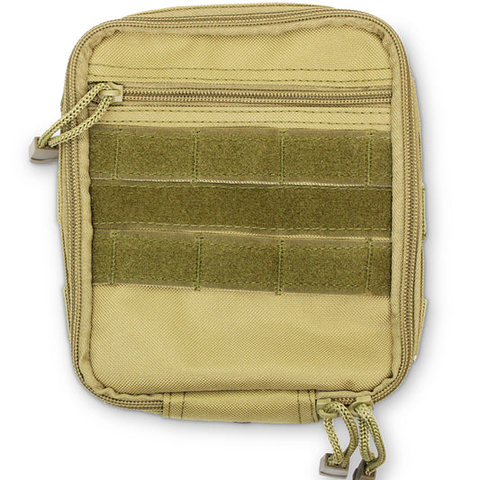 This pouch is perfect for securely organizing and storing smaller items when you're out in the field, ensuring they can be easily accessed and not get lost! 18 x 14 x 5cm 180g. Front flap with internal and external full length zipper pocket. Two double elastic straps in main compartment Internal open pocket on rear panel 4 internal nylon tabs for lanyards/carabiners www.moralepatches.com.au