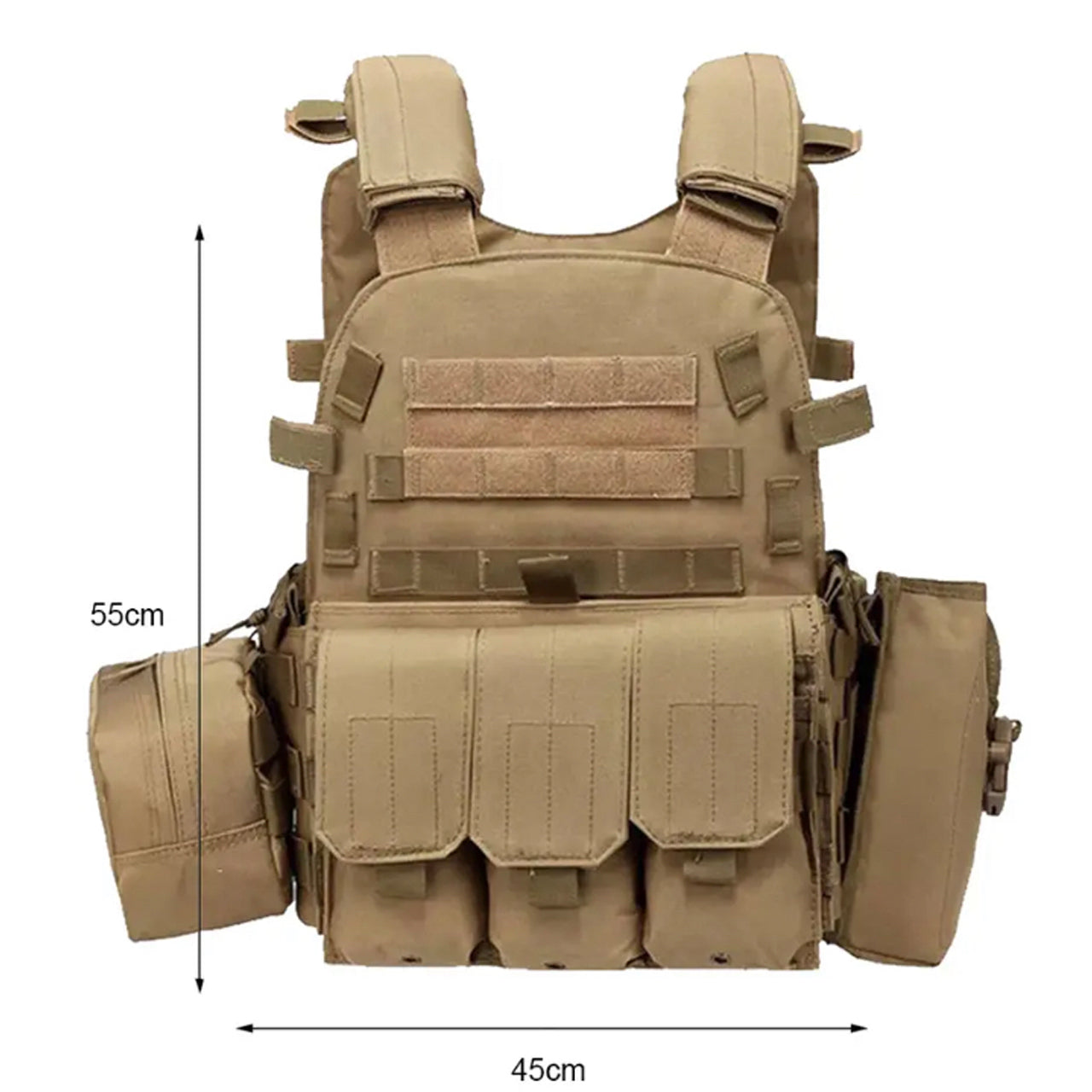 Grab this great tactical assault vest which is fully adjustable and lightweight. Heavy duty 600D coats PU fabric Fully adjustable shoulders x3 Magazine Pouches x1 Water Bottle Pouch x1 Back/Side Pouch One size fits most www.moralepatches.com.au