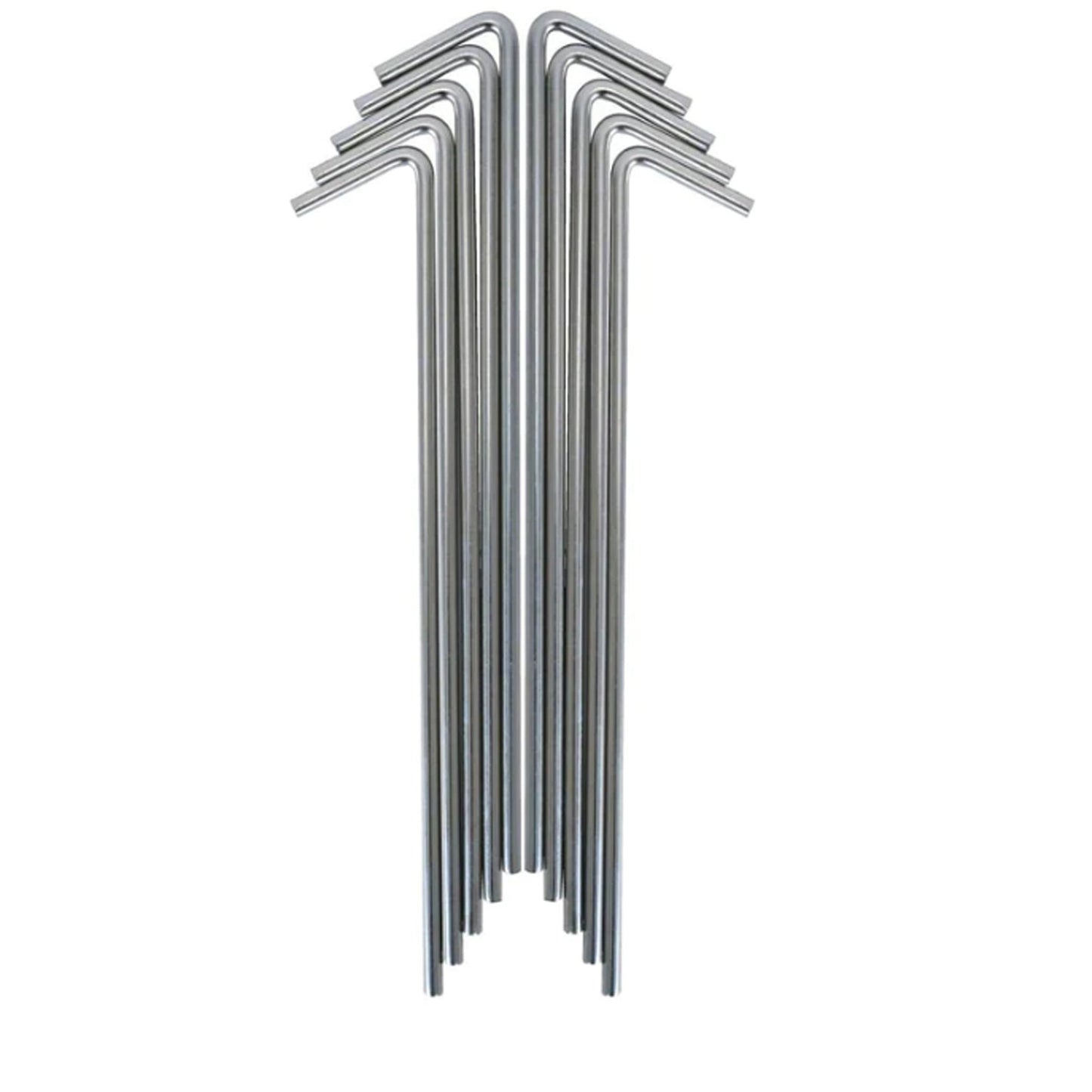 Steel hook tent pegs that are packed in a bag of 10. Material: Steel Measurements: 18cm/7 inches