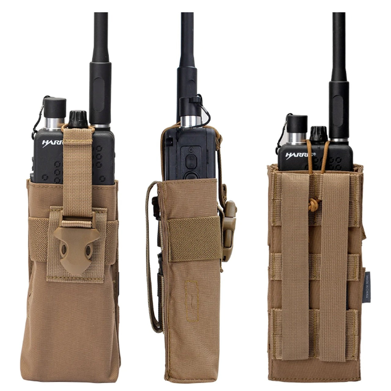 This pouch has been tailor-made to house your in-service Harris 152/148 radio, enabling you to access its screen and control panel with ease and speed. No longer will you need to take out the radio to change settings www.moralepatches.com.au coyote brown pouch with different views