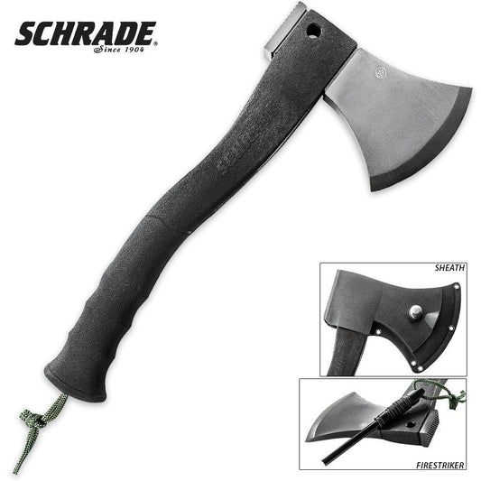 Master wilderness survival with the Schrade SCAXE2L, engineered for serious outdoor enthusiasts. This compact axe combines a titanium-coated 3Cr13 stainless steel head with a reinforced glass fibre handle and ergonomic rubber grip for reliable performance in demanding conditions. The integrated hammer pommel tackles multiple tasks, while the built-in ferro rod with lanyard ensures fire-starting capability whenever you need it. www.moralepatches.com.au