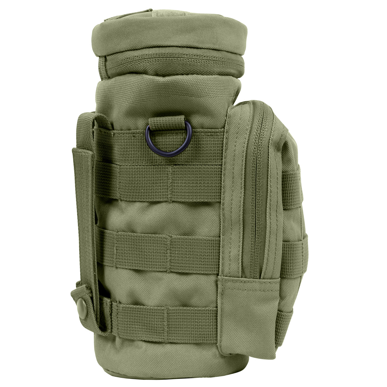 Durable Denier Polyester Material 10.5" Tall X 4" Diameter 6.5" X 4" Front Zippered Pouch W/ MOLLE Loops On Front Zipper Closure Flip Top And Two MOLLE Straps On Back D-Ring On Each Side Straw Hole On Top W/ Hook And Loop Closure Features A Drain Hole 4" X 1" Loop On Top And MOLLE Loop Around Entire Pouch www.moralepatches.com.au
