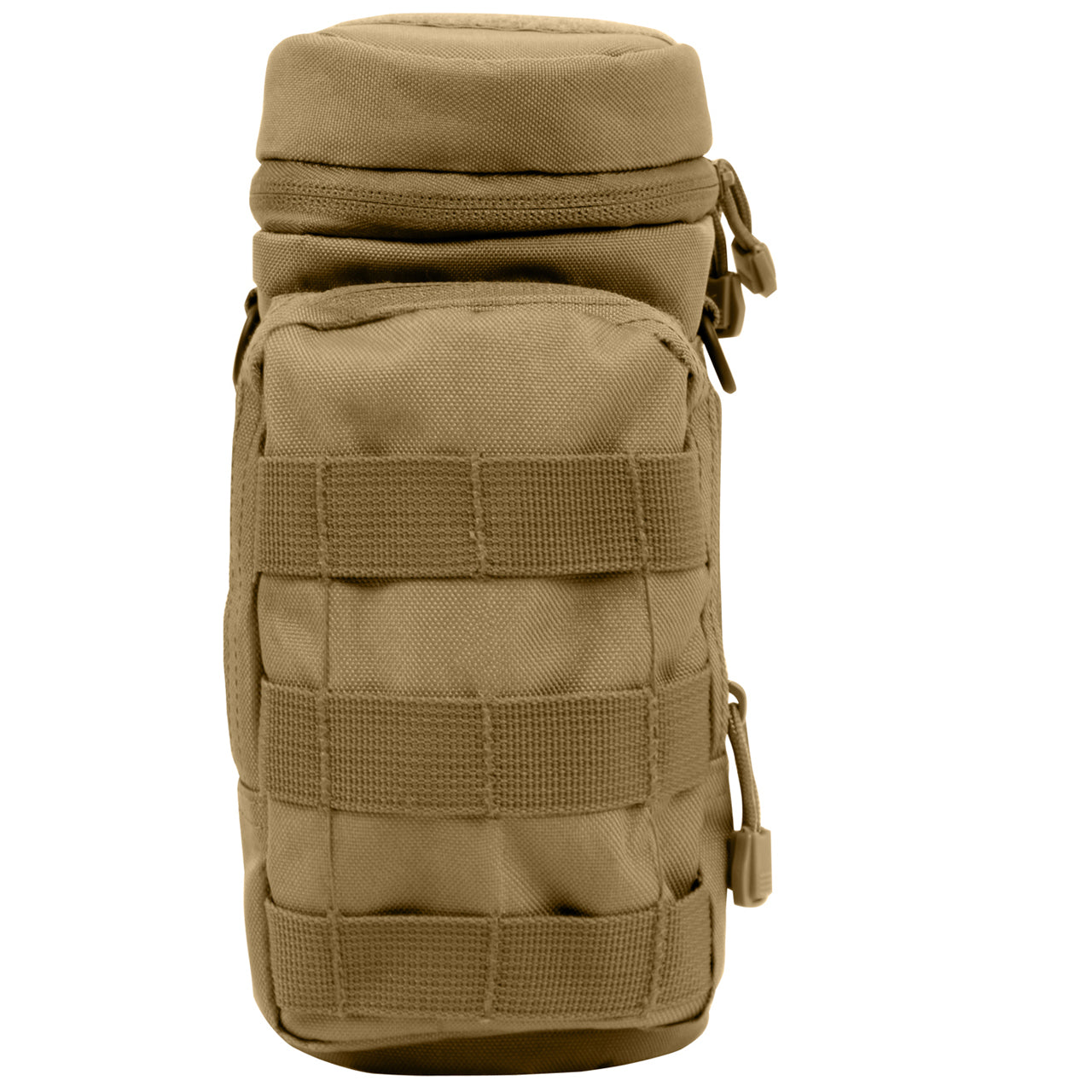 Durable Denier Polyester Material 10.5" Tall X 4" Diameter 6.5" X 4" Front Zippered Pouch W/ MOLLE Loops On Front Zipper Closure Flip Top And Two MOLLE Straps On Back D-Ring On Each Side Straw Hole On Top W/ Hook And Loop Closure Features A Drain Hole 4" X 1" Loop On Top And MOLLE Loop Around Entire Pouch www.moralepatches.com.au