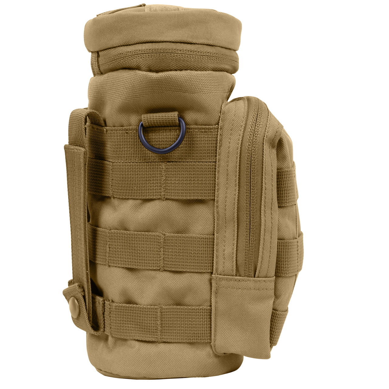 Durable Denier Polyester Material 10.5" Tall X 4" Diameter 6.5" X 4" Front Zippered Pouch W/ MOLLE Loops On Front Zipper Closure Flip Top And Two MOLLE Straps On Back D-Ring On Each Side Straw Hole On Top W/ Hook And Loop Closure Features A Drain Hole 4" X 1" Loop On Top And MOLLE Loop Around Entire Pouch www.moralepatches.com.au