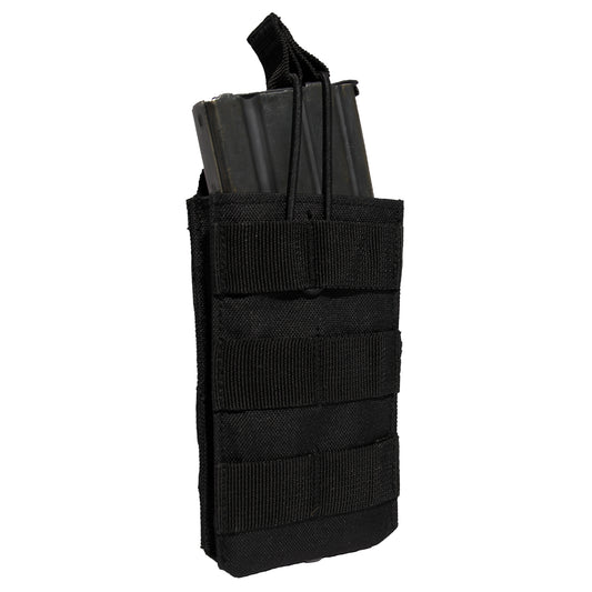 The MOLLE Open Top Single Mag Pouch fits most standard sized rifle magazines and features two MOLLE clips on the back for mounting on tactical vests. The tactical magazine pouch measures 3.75 inches X 5.5 inches X 1.25 inches. www.moralepatches.com.au