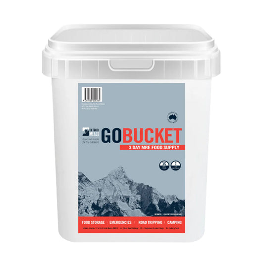 The&nbsp;GoBucket&nbsp;is a complete, ready-to-go 3-day food supply kit designed to meet your needs in emergencies, outdoor adventures, road trips, and camping. With a variety of gourmet MREs and essential extras, this bucket ensures you're well-fed and prepared wherever life takes you. www.moralepatches.com.au
