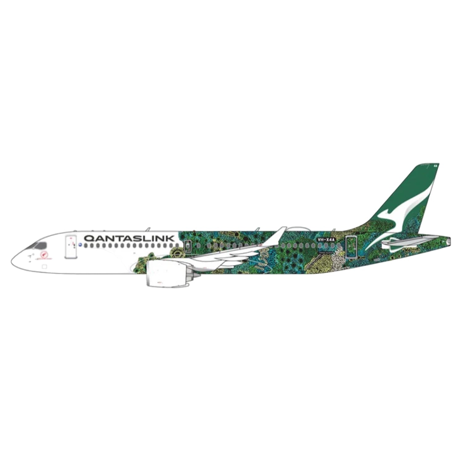 Discover the beauty of Indigenous storytelling with this striking 1/400 scale A220-300 from Gemini Jets, featuring QantasLink's vibrant "Minyma Kutjara Tjukurpa" green livery on aircraft VH-X4A. www.moralepatches.com.au
