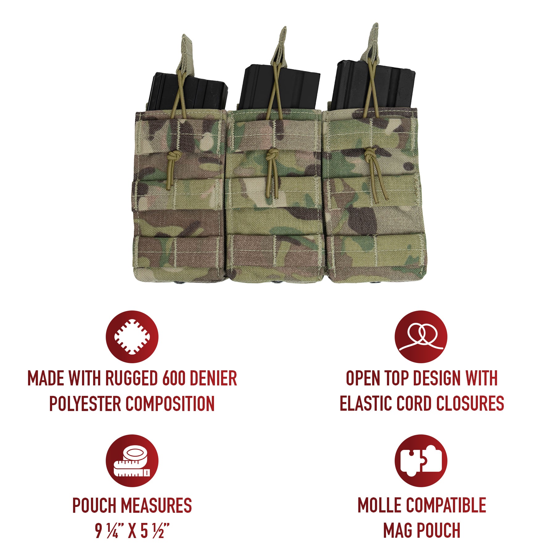 The open-top design with elastic cord closures enables rapid reloading during critical moments. Constructed from rugged 600 Denier polyester, this pouch withstands the rigors of outdoor environments and tactical operations, ensuring long-lasting performance. Its compact dimensions, measuring 9 ¼ inches X 5 ½ inches, provide high-capacity storage without adding unnecessary bulk. www.moralepatches.com.au