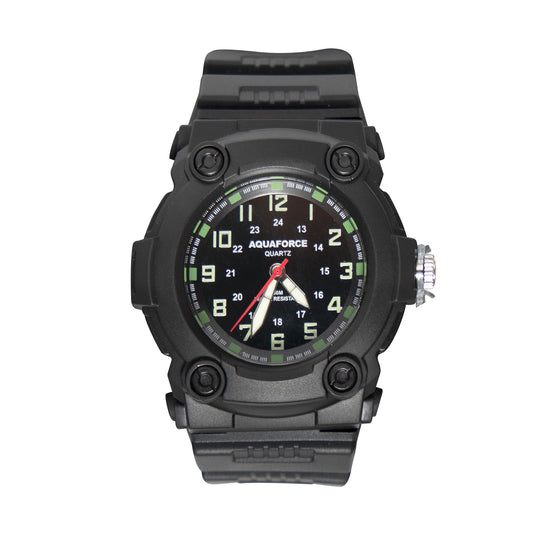 The Aquaforce Combat Watch is a rugged, versatile and comfortable military watch that will add style to your uniform. The combat watch features Quartz movement, luminous hands, and an hour maker all attached to a rubber adjustable wrist strap. “AQUAFORCE QUARTZ” is written in white in the center of the face. The Watch is water resistant up to 50m, making it perfect for underwater activities. www.moralepatches.com.au