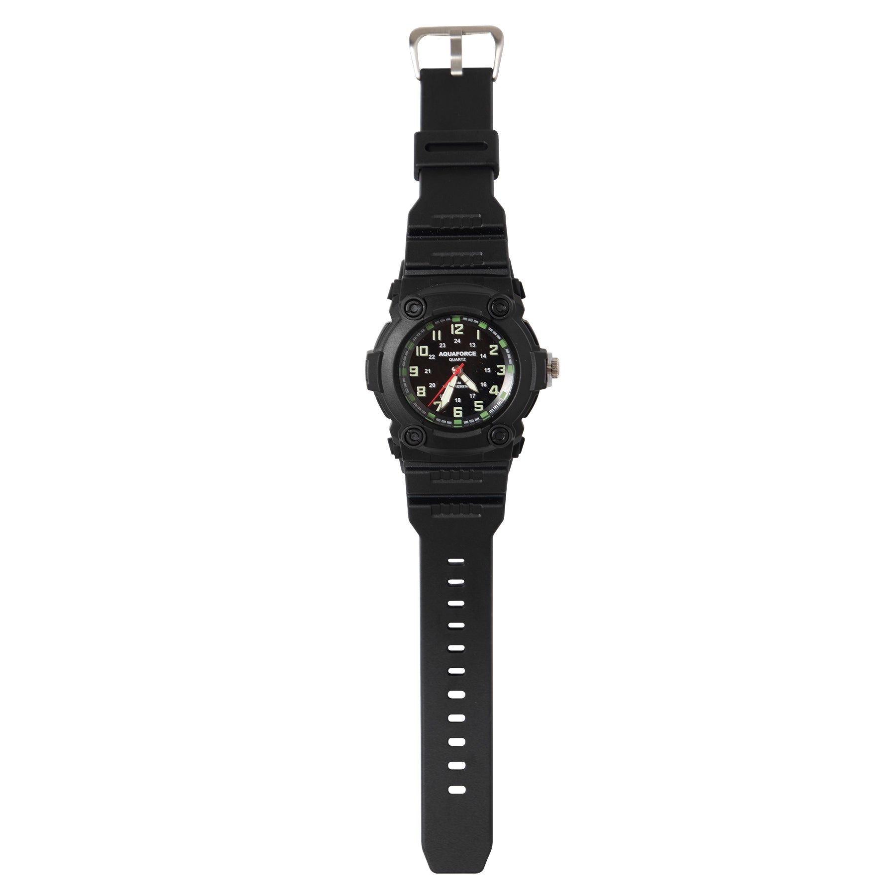 The Aquaforce Combat Watch is a rugged, versatile and comfortable military watch that will add style to your uniform. The combat watch features Quartz movement, luminous hands, and an hour maker all attached to a rubber adjustable wrist strap. “AQUAFORCE QUARTZ” is written in white in the center of the face. The Watch is water resistant up to 50m, making it perfect for underwater activities. www.moralepatches.com.au