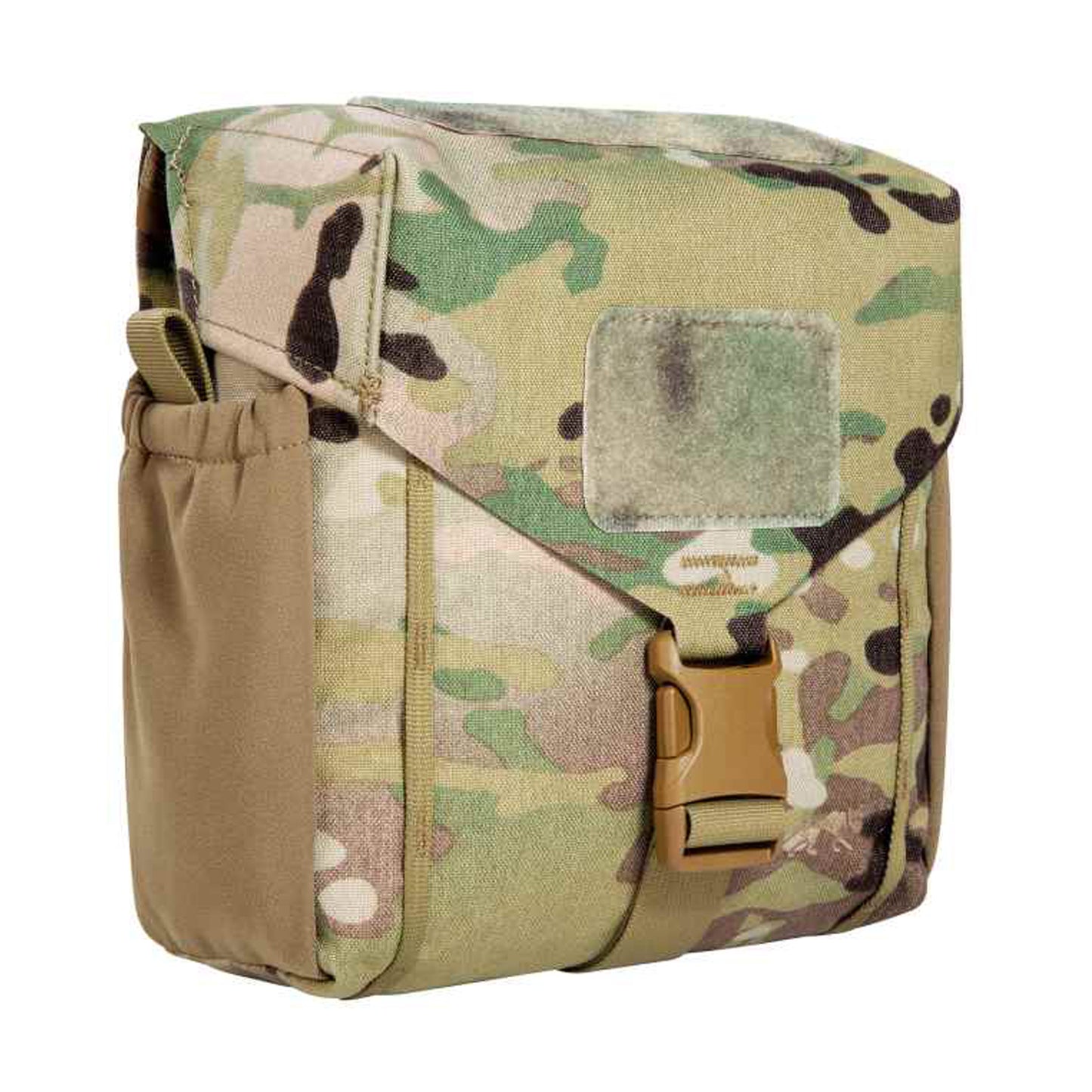 Accessory pouch for canteen and cutlery with MOLLE reverse system. The TT Canteen Pouch MKIII MC has two elastic side pockets and MOLLE hook-and-loop as well as elastic loops on the inside to secure a canteen and cutlery. www.moralepatches.com.au