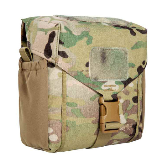 Accessory pouch for canteen and cutlery with MOLLE reverse system. The TT Canteen Pouch MKIII MC has two elastic side pockets and MOLLE hook-and-loop as well as elastic loops on the inside to secure a canteen and cutlery. www.moralepatches.com.au