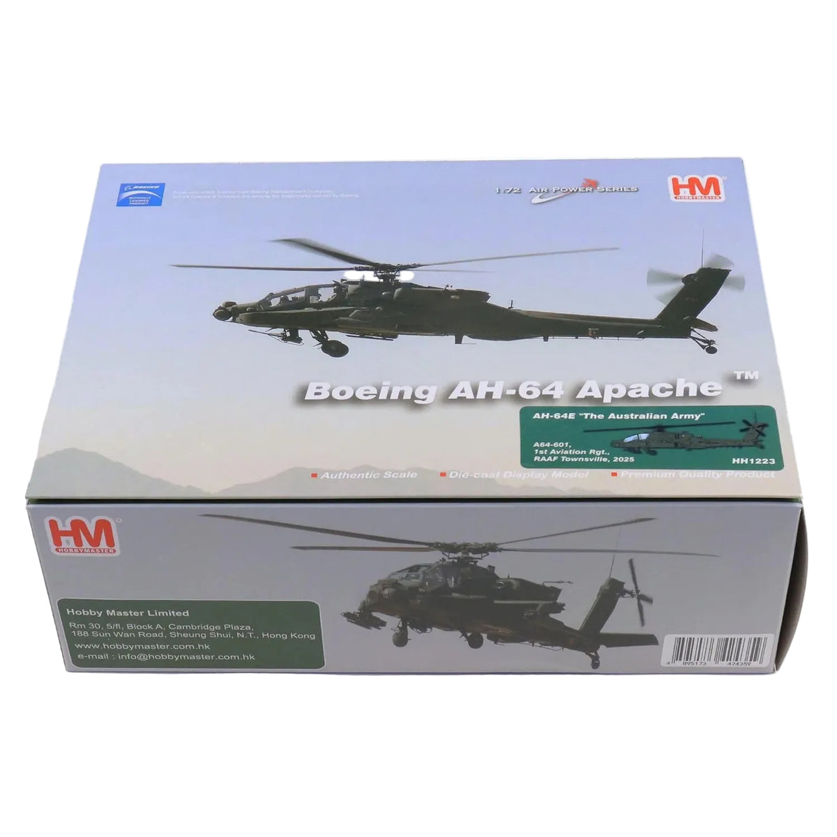 1/72 AH-64E Australian Army A64-601 1st Aviation Rgt. RAAF Townsville 2025 delivers a detailed ready-made display model for collectors of modern military aircraft and Australian Army aviation. www.moralepatches.com.au
