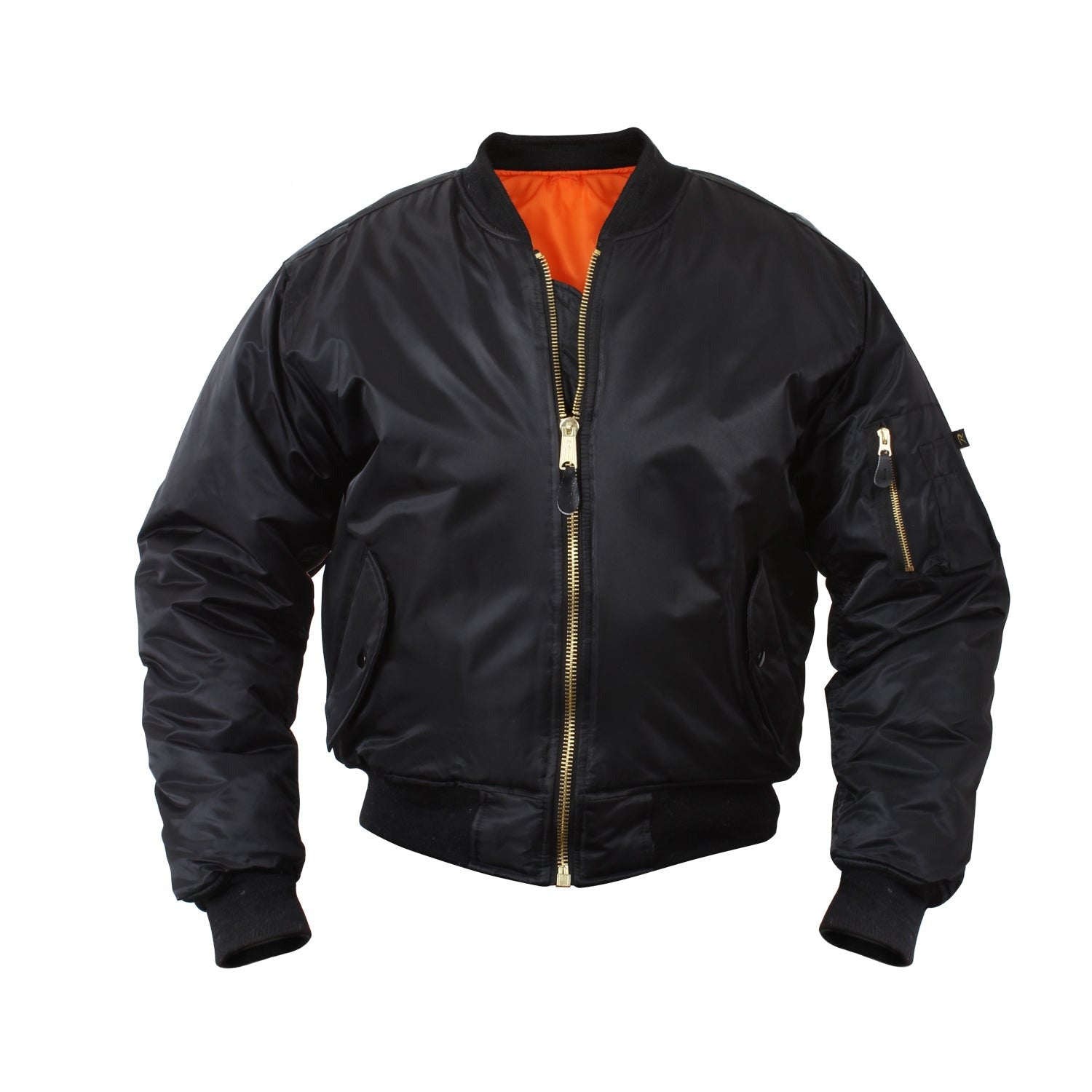 Luxurious Air Force MA-1 Flight Jacket combines classic bomber-style with modern practicality - including a fully reversible rescue orange polyester lining, a 100% nylon water repellent outer shell, and Poly Fiberfill for extra warmth. www.moralepatches.com.au front view