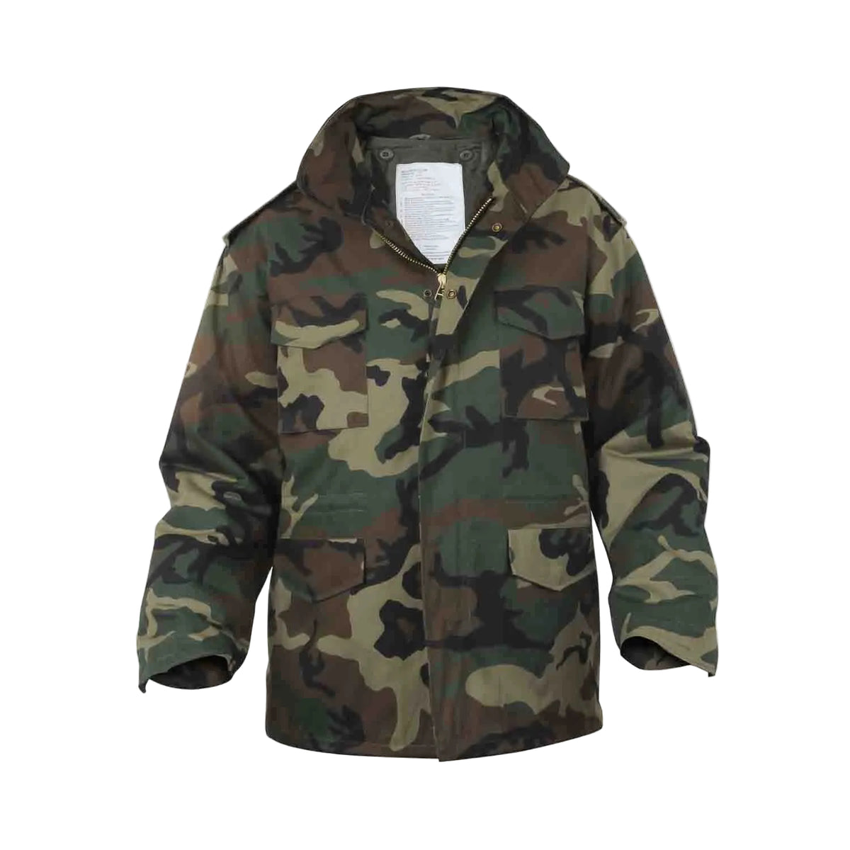 The M65 Field Jacket Parker in Woodland Camo delivers authentic military heritage with practical, everyday versatility. Built from heavy-weight poly/cotton, this hard-wearing jacket withstands harsh conditions while the removable polyester liner adapts to any season — spring through winter. The concealed hood tucks away when not needed, and the brass hardware with storm flap keeps you protected in unpredictable weather. www.moralepatches.com.au