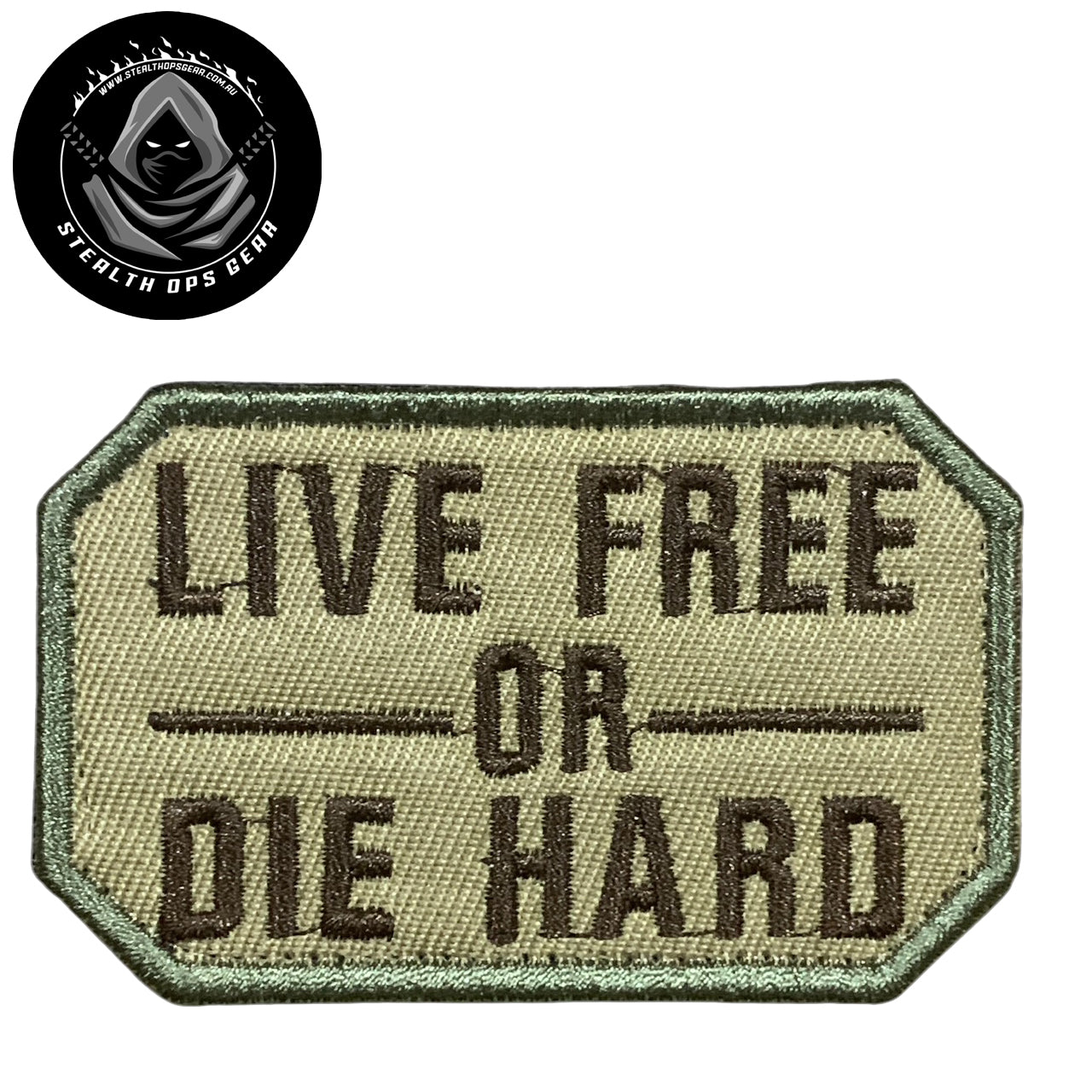 Unleash your creative side with the Live Free Brown On Coyote Embroidery Patch Hook &amp; Loop. Measuring 8x5cm, this patch features a stunningly embroidered design and a secure hook &amp; loop backing. A must-have for collectors looking for high-quality additions to their collection. www.moralepatches.com.au