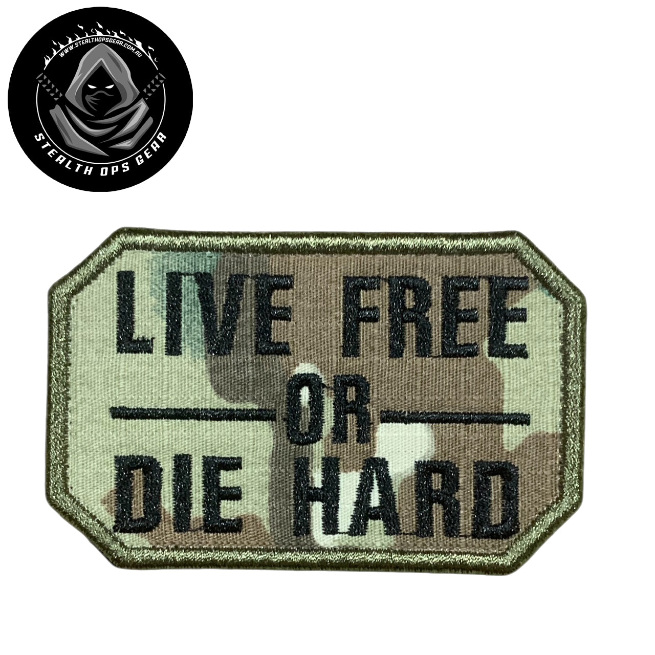 Unleash your creative side with the Live Free Black On Woodland Embroidery Patch Hook &amp; Loop. Measuring 8x5cm, this patch features a stunningly embroidered design and a secure hook &amp; loop backing. A must-have for collectors looking for high-quality additions to their collection. www.moralepatches.com.au