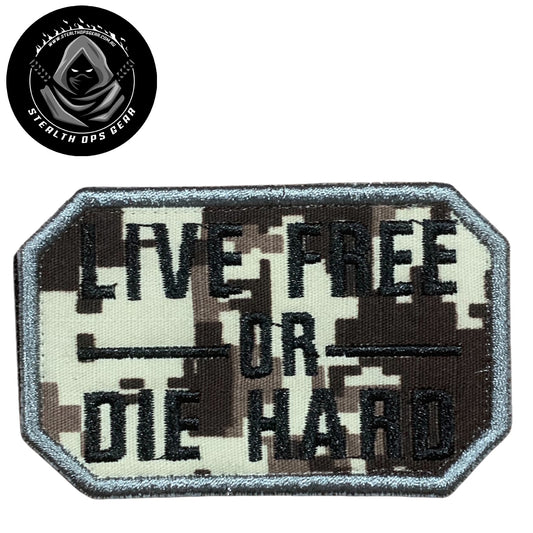 Unleash your creative side with the Live Free Black On ACU Digital Embroidery Patch Hook &amp; Loop. Measuring 8x5cm, this patch features a stunningly embroidered design and a secure hook &amp; loop backing. A must-have for collectors looking for high-quality additions to their collection. www.moralepatches.com.au