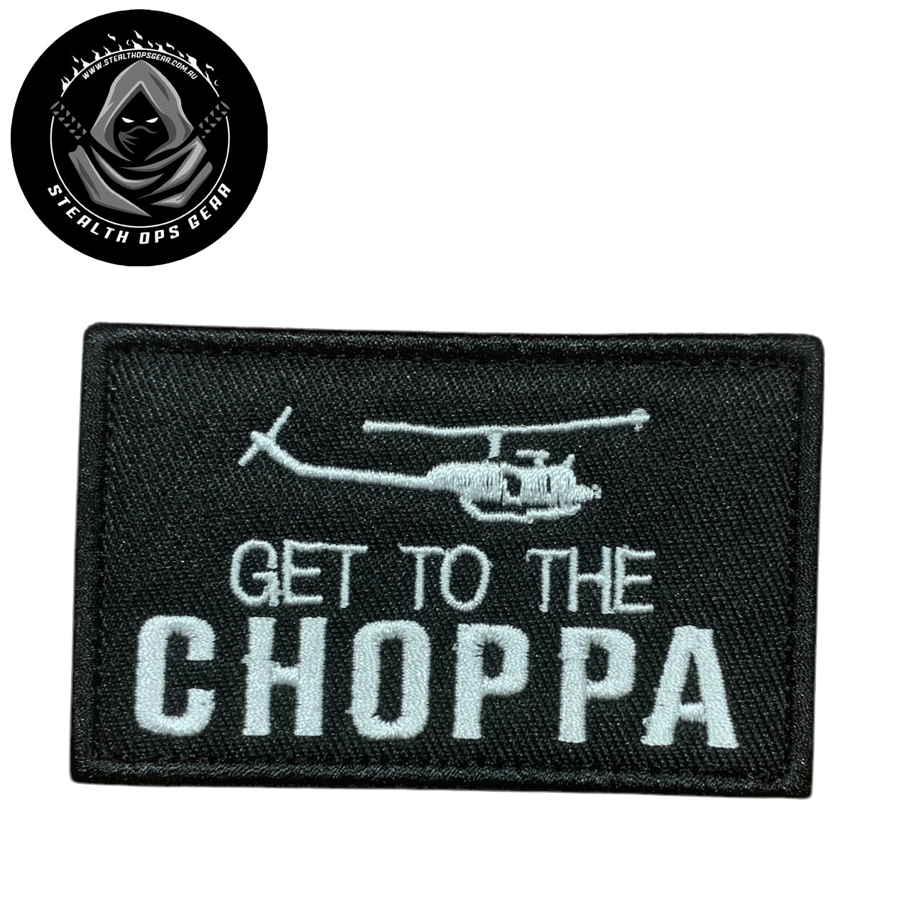 Unleash your creative side with the Get To The Choppa Embroidery Patch Hook &amp; Loop. Measuring 8x5cm, this patch features a stunningly embroidered design and a secure hook &amp; loop backing. A must-have for collectors looking for high-quality additions to their collection. www.moralepatches.com.au