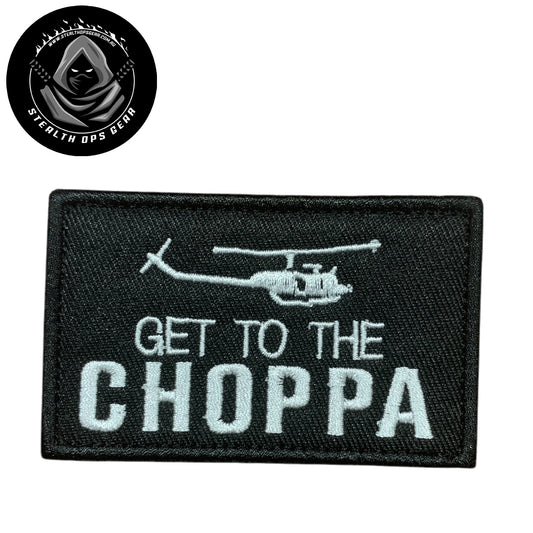 Unleash your creative side with the Get To The Choppa Embroidery Patch Hook &amp; Loop. Measuring 8x5cm, this patch features a stunningly embroidered design and a secure hook &amp; loop backing. A must-have for collectors looking for high-quality additions to their collection. www.moralepatches.com.au