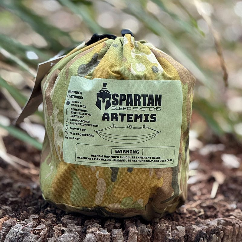 The Spartan Sleep Systems “Artemis Hammock” is an ultra-light hammock designed to keep the user off the ground and comfortable, whilst being completely enclosed in a bug netting. It enables interruption free sleep above the ground and from air attacks from bugs. www.moralepatches.com.au
