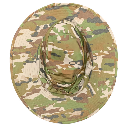 Experience the ultimate in style and functionality with the Army Australian Multicam Wide Brimmed Boonie Hat AMCU. Featuring a classic slouch hat design with a trendy 83 mm wide brim, this hat also includes a convenient cord chinstrap and cord lock www.moralepatches.com.au top view