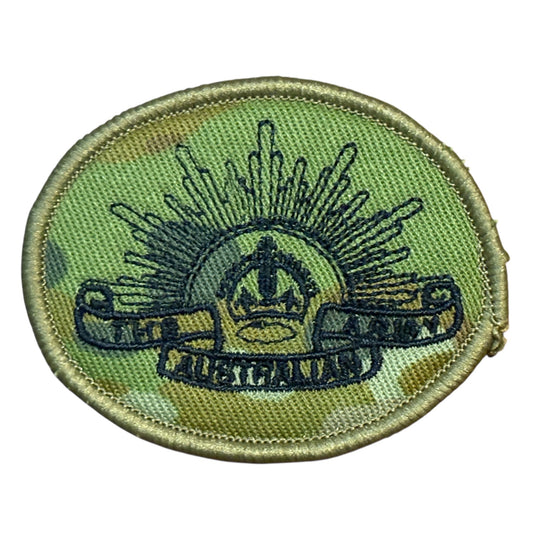 AMCU Kings Crown Australian Army Rising Sun Biscuit Shoulder Patch&nbsp;

Plain backed

6.5cmx4.7cm

Plain Backed for uniforms www.moralepatches.com.au