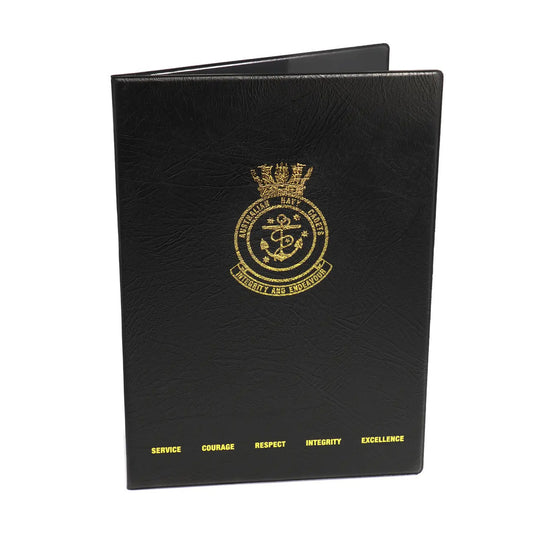 The Australian Navy Cadets and values are beautifully printed in gold foil, adding a touch of luxury to this already impressive folder. Stay organised and make a statement with our Black Heavy Grain Leather Look Certificate Folder. ANC www.moralepatches.com.au