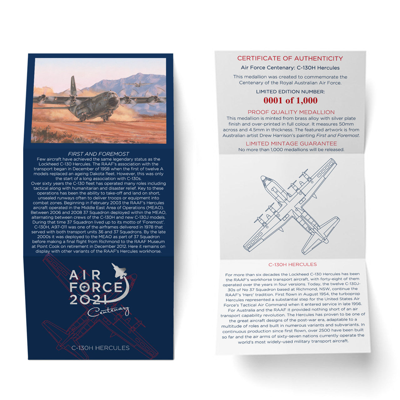 The Air Force 100 Limited Edition Medallion C-130 Hercules is a striking and stunning piece that commemorates the Air Force Centenary. With only 500 available, this limited edition medallion is a must-have for collectors and aviation enthusiasts alike. www.moralepatches.com.au