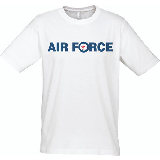 The Royal Australian Air Force branded T-Shirt with colour printed RAAF logo on chest. Supersoft combed cotton for maximum comfort.  Specifications:  Materials: Supersoft combed cotton Colour: White, navy, red Size: XS - 2XL www.moralepatches.com.au