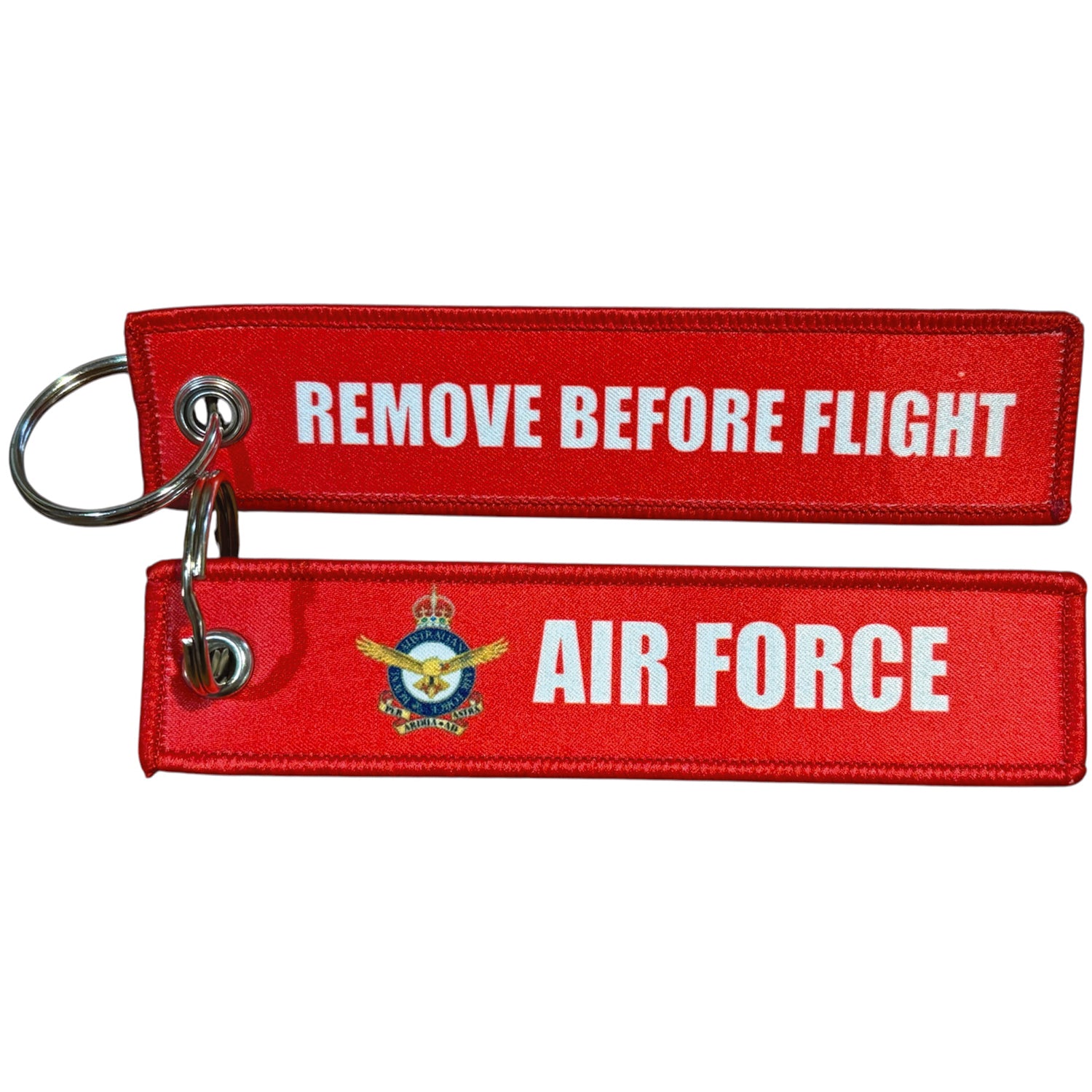 Keep your keys secure and add a touch of military pride with this authentic Air Force Key Tag. Featuring bold embroidered Air Force insignia and the iconic "Remove Before Flight" wording, it's a practical accessory that makes a statement. www.moralepatches.com.au