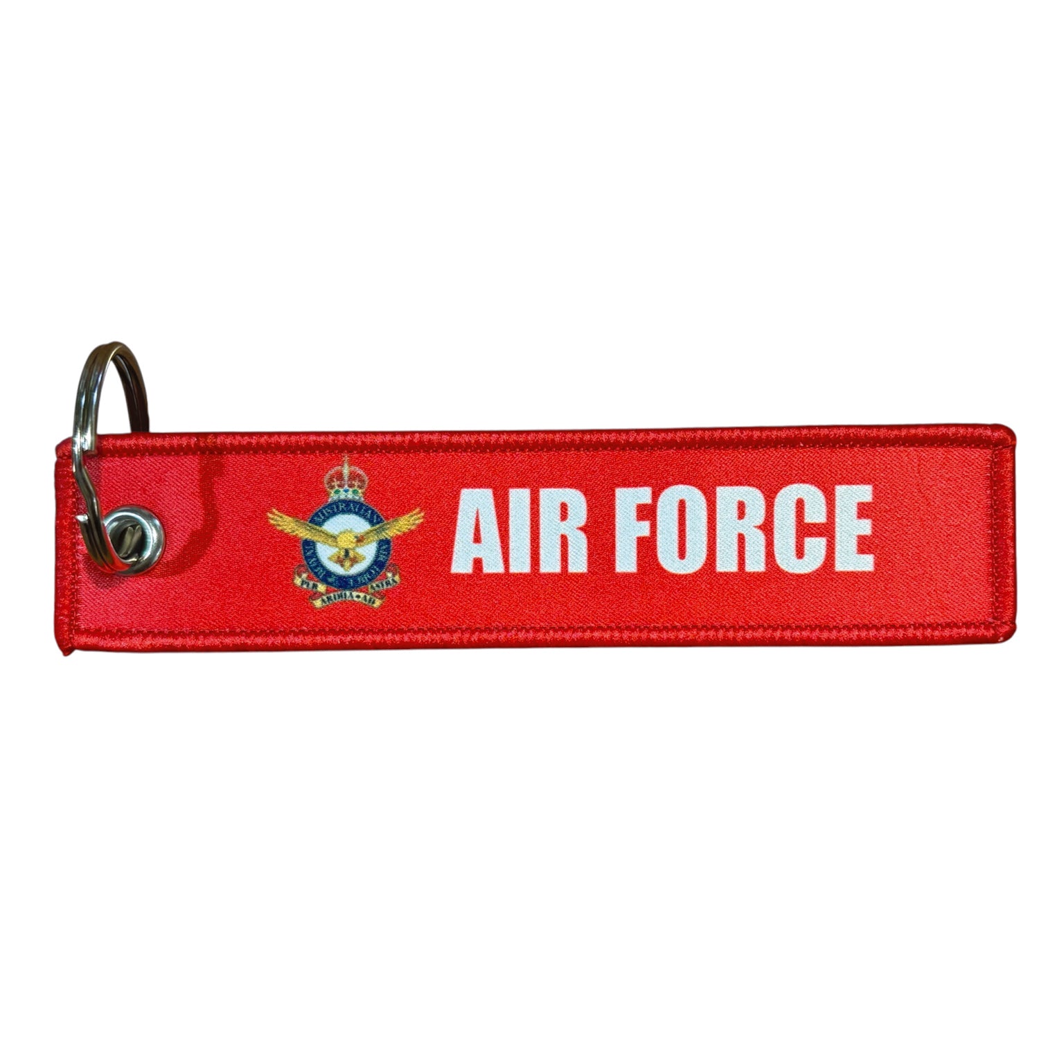 Keep your keys secure and add a touch of military pride with this authentic Air Force Key Tag. Featuring bold embroidered Air Force insignia and the iconic "Remove Before Flight" wording, it's a practical accessory that makes a statement. www.moralepatches.com.au