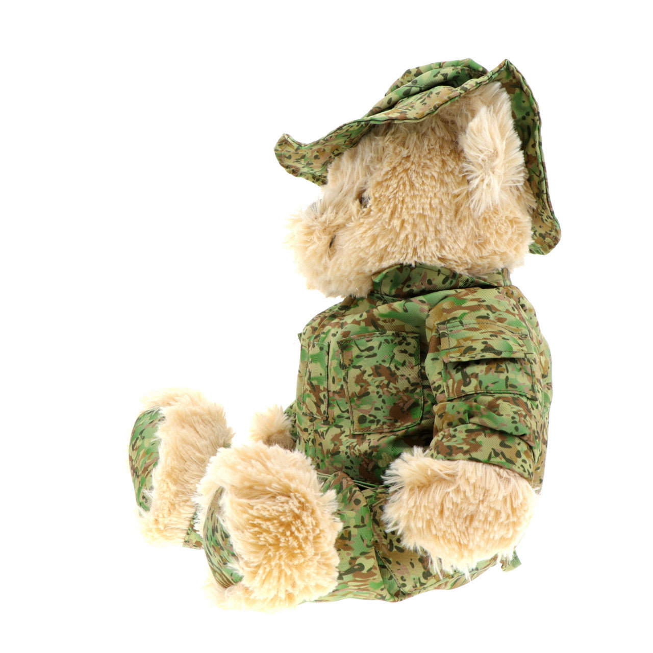 Treasure a symbol of courage and strength with this gorgeous 40cm Australian Army bear. Perfect as a comforter or to bring a smile to adults and children alike, this bear is as luxuriously cuddly as it is full of patriotic pride. Cherish the cutest Aussie Army bear around today! www.moralepatches.com.au sideways view