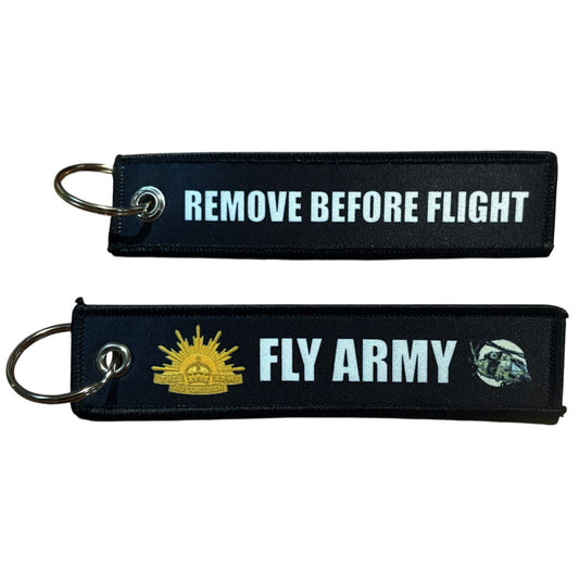 Keep your keys secure and add a touch of military pride with this authentic Army Key Tag. Featuring bold embroidered Army insignia with Blackhawk Helicopter image and the iconic "Remove Before Flight" wording, it's a practical accessory that makes a statement.  www.moralepatches.com.au