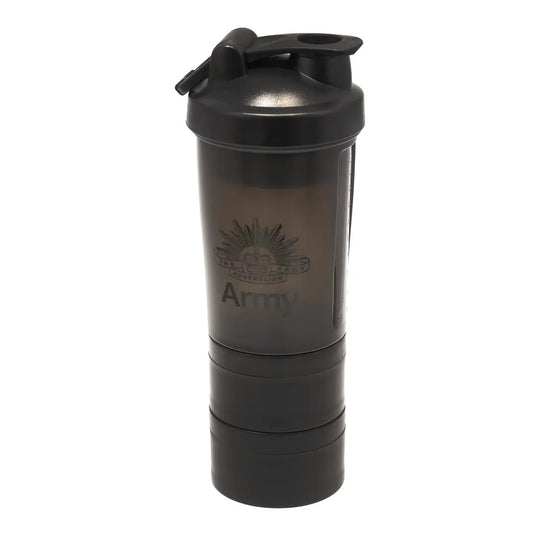 Introducing the Army Protein Shaker - a versatile and leak proof solution that combines a shaker with a storage compartment. Mix your shakes on the go and enjoy a smooth and precise blend every time, thanks to the included whisk ball and convenient measurement guide. www.moralepatches.com.au