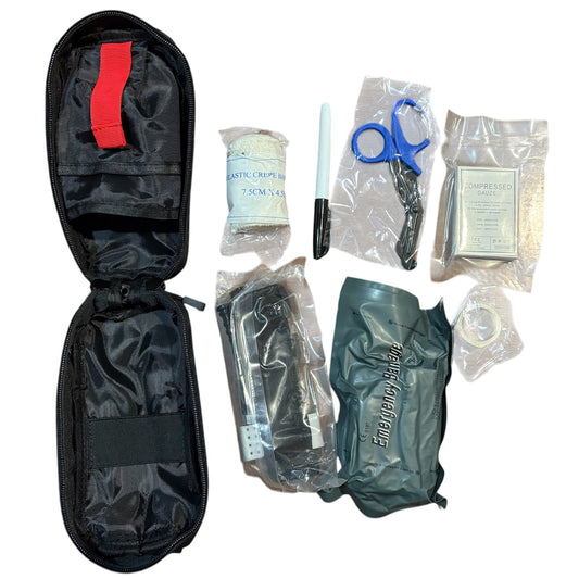 The Basic Combat Trauma Kit With Black Pouch Bundle is for emergency treatment for one person in case of injury. www.moralepatches.com.au