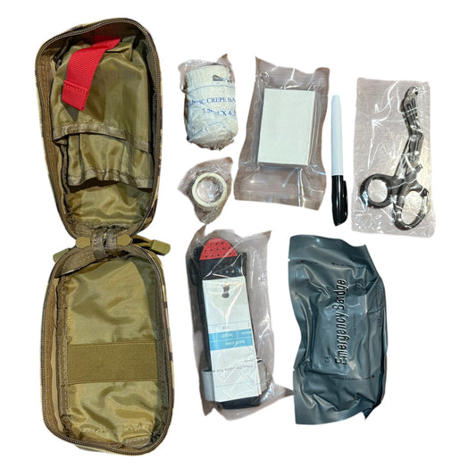 The Basic Combat Trauma Kit With Multicam Pouch Bundle is for emergency treatment for one person in case of injury. www.moralepatches.com.au