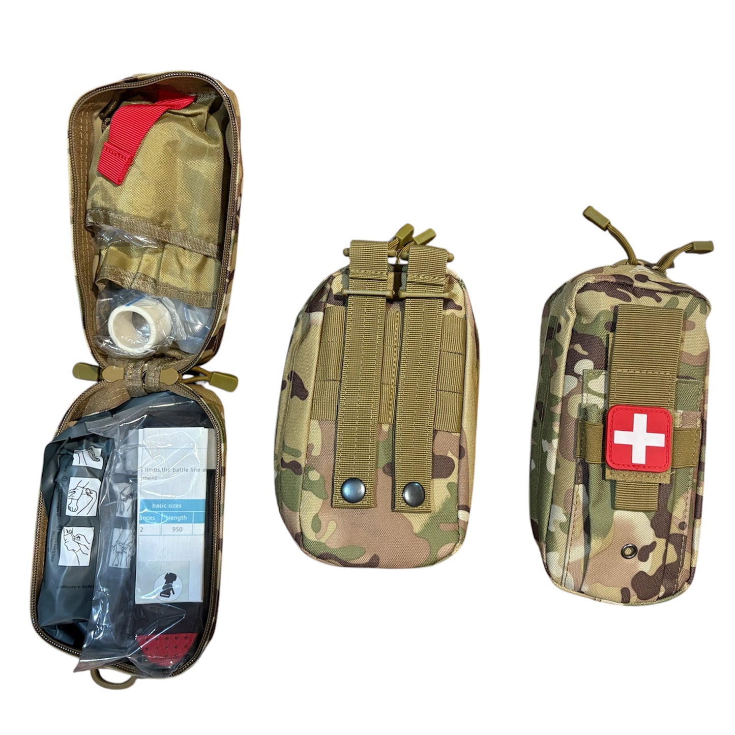 The Basic Combat Trauma Kit With Multicam Pouch Bundle is for emergency treatment for one person in case of injury. www.moralepatches.com.au