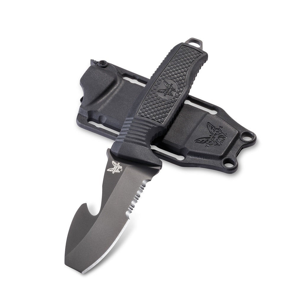 The Benchmade 112 H2O Fixed Blade dive knife was originally developed for an elite military program. A fixed black-coated blade with blunt tip and integrated rescue hook, this knife features N680 ultra stainless steel, a special application steel for when corrosion resistance is the primary requirement. www.moralepatches.com.au