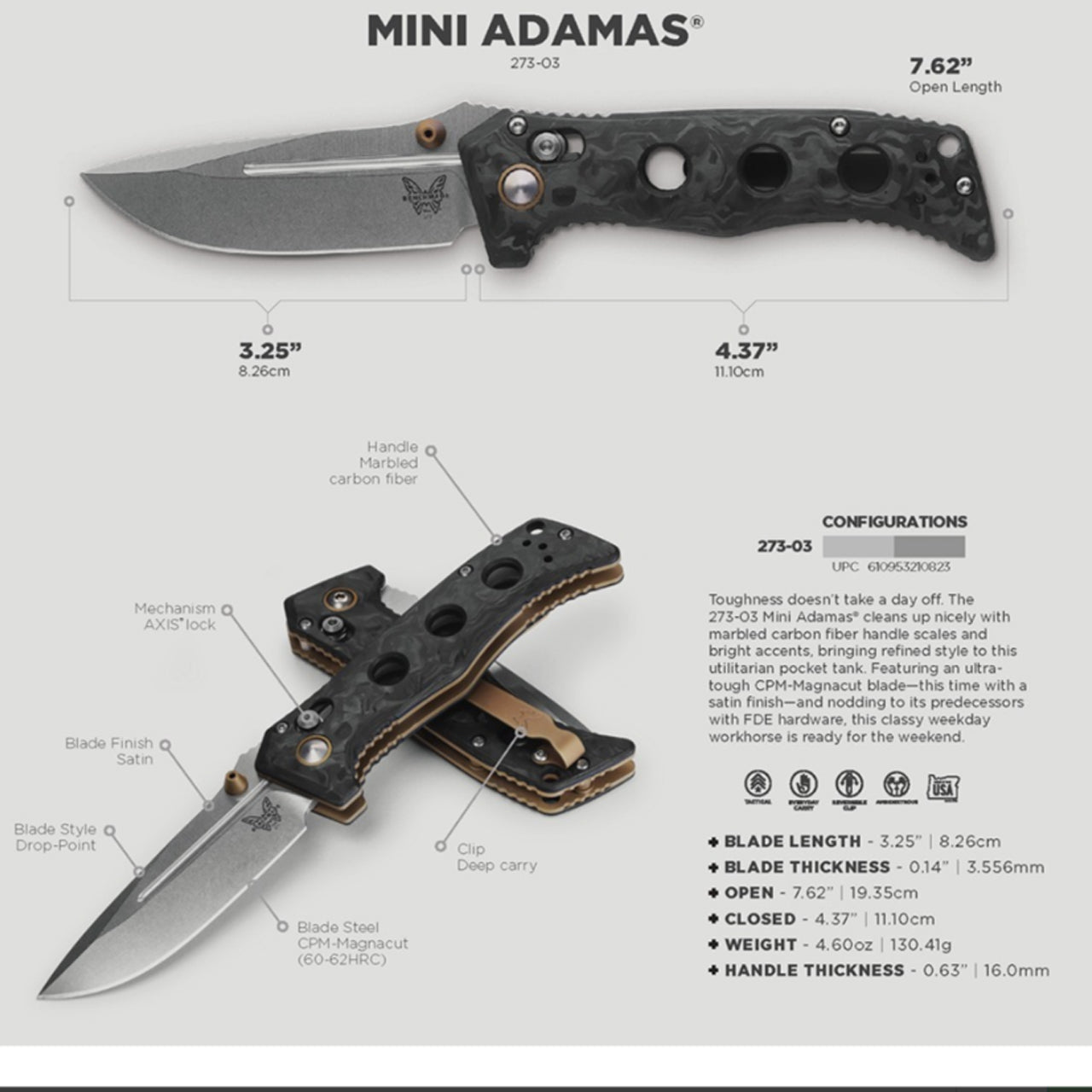 Toughness doesn’t take a day off. The 273-03 Mini Adamas®️ cleans up nicely with marbled carbon fibre&nbsp;handle scales and bright accents, bringing refined style to this utilitarian pocket tank. Featuring an ultra-tough CPM-Magnacut️ blade—this time with a satin finish—and nodding to its predecessors with FDE hardware, this classy weekday workhorse is ready for the weekend. www.moralepatches.com.au